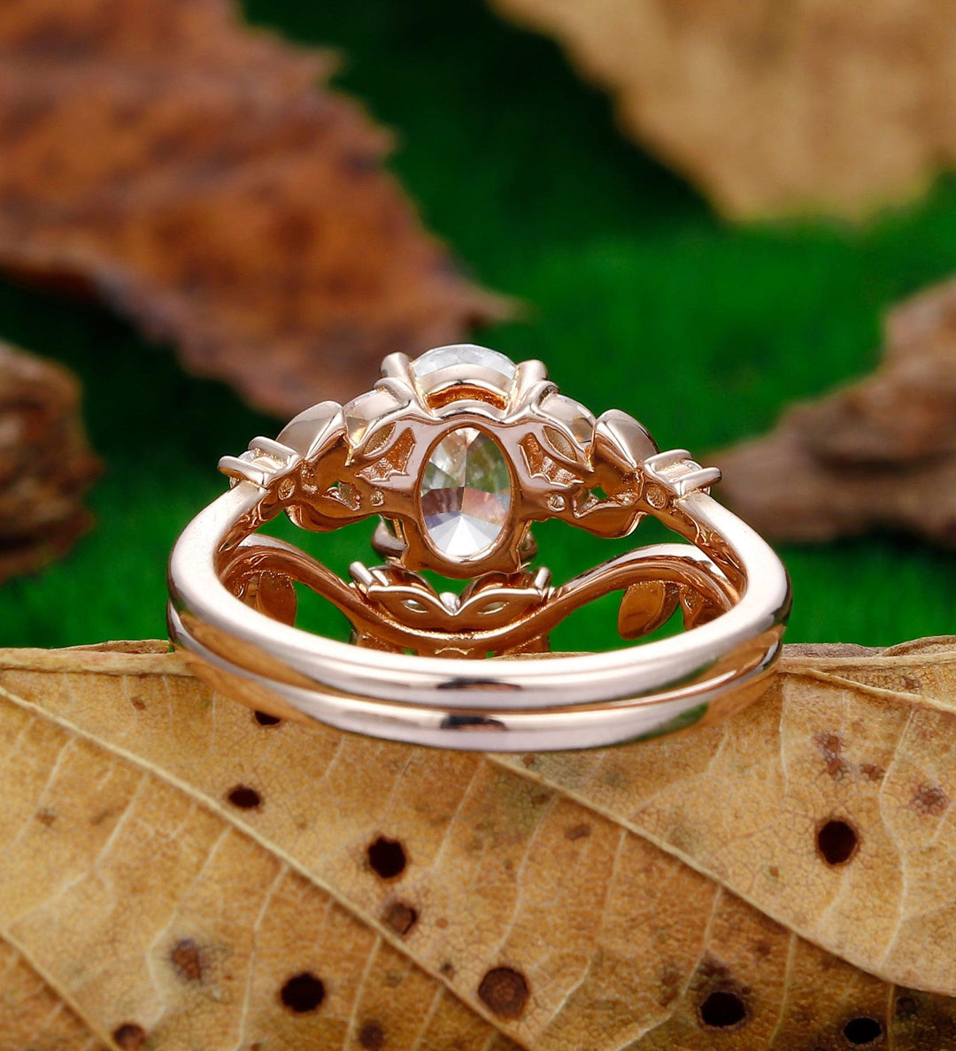 14k Rose Gold 1.5Carat Oval Cut Moissanite Engagement Ring Set Unique Leaf Cluster Bridal Set - Esdomera