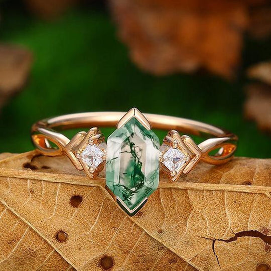 14k Rose Gold  Cluster Natural Moss Agate Diamond Twisted Infinity  Bridal Gift Ring