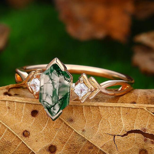 14k Rose Gold  Cluster Natural Moss Agate Diamond Twisted Infinity  Bridal Gift Ring