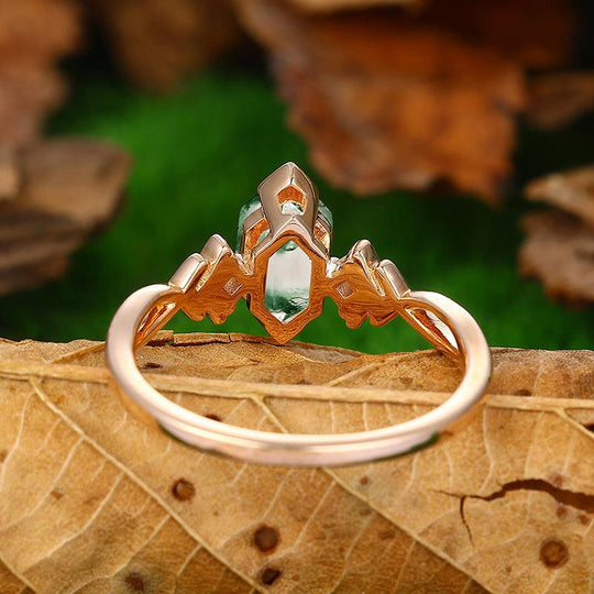 14k Rose Gold Cluster Natural Moss Agate Diamond Twisted Infinity Bridal Gift Ring - Esdomera