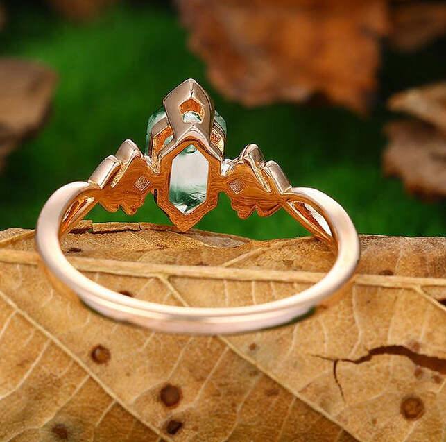 14k Rose Gold  Cluster Natural Moss Agate Diamond Twisted Infinity  Bridal Gift Ring