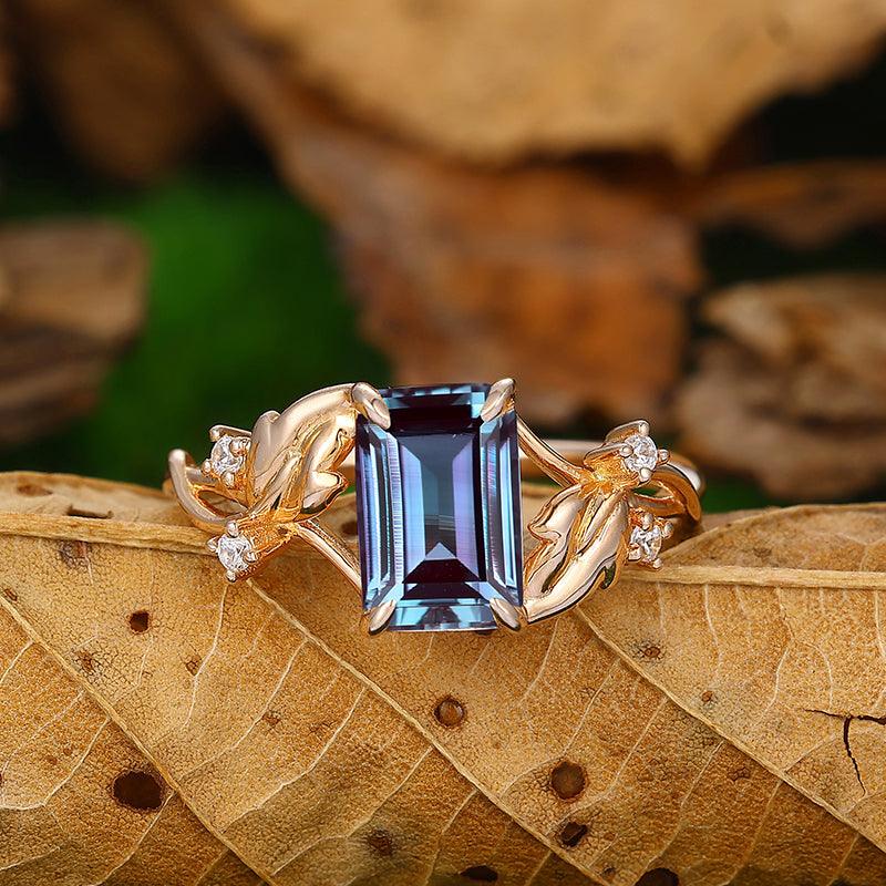 14k Rose Gold Emerald Cut Alexandrite Cross Bank Leaf Engagement Ring - Esdomera