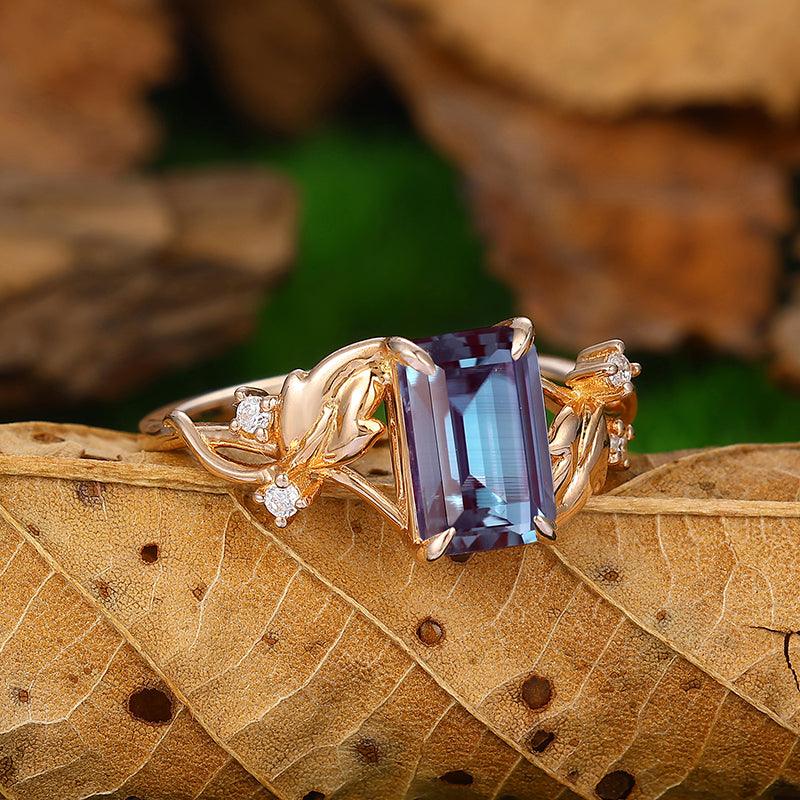 14k Rose Gold Emerald Cut Alexandrite Cross Bank Leaf Engagement Ring - Esdomera