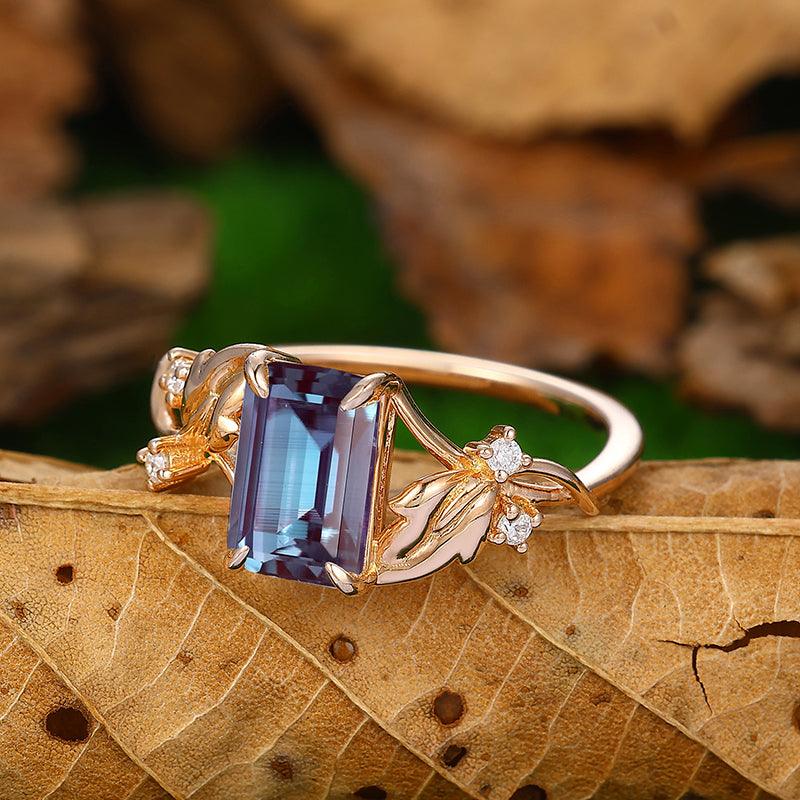 14k Rose Gold Emerald Cut Alexandrite Cross Bank Leaf Engagement Ring - Esdomera