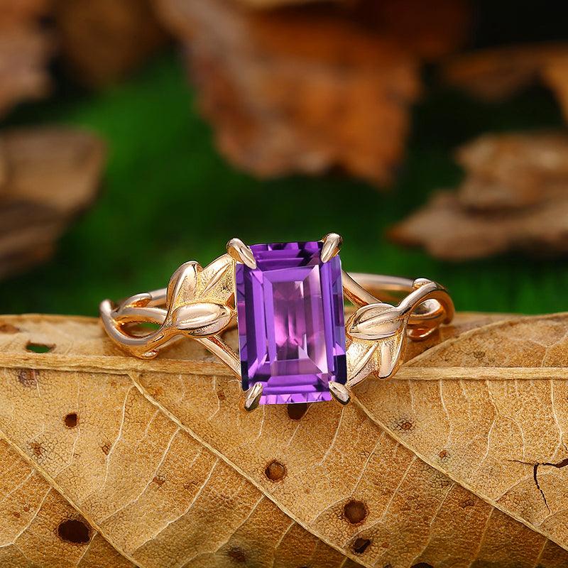 14k Rose Gold Emerald Cut Natural Amethyst Twist Leaf Vines Ring - Esdomera