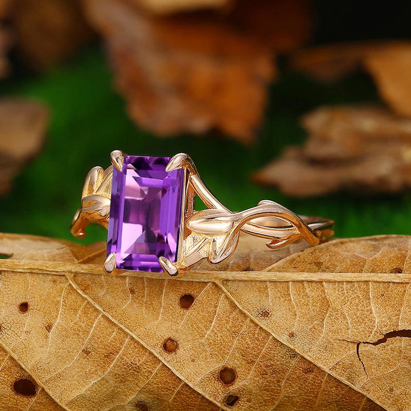 14k Rose Gold Emerald Cut Natural Amethyst Twist Leaf Vines Ring - Esdomera
