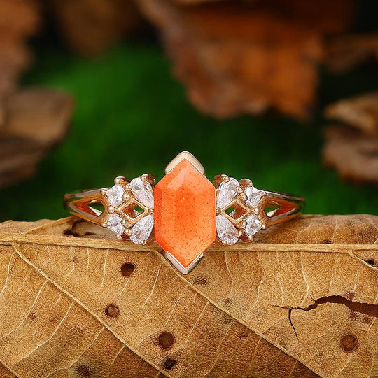 14K Rose Gold Half Eternity Cluster Natural Orange Sunstone Bridal Anniversary Ring - Esdomera