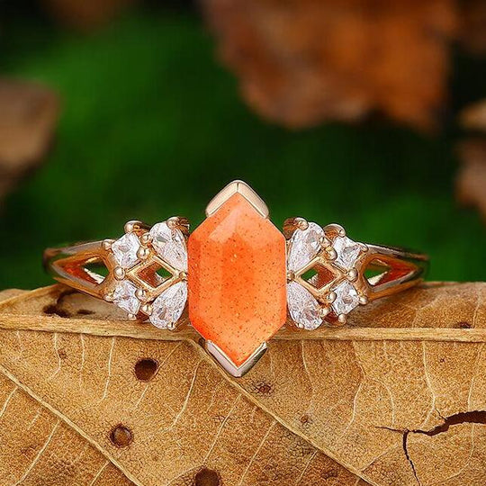 14K Rose Gold Half Eternity Cluster Natural Orange Sunstone Bridal Anniversary Ring