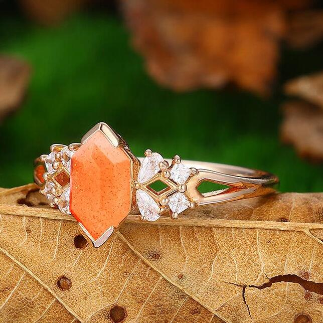 14K Rose Gold Half Eternity Cluster Natural Orange Sunstone Bridal Anniversary Ring