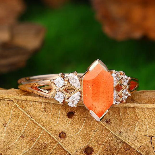 14K Rose Gold Half Eternity Cluster Natural Orange Sunstone Bridal Anniversary Ring