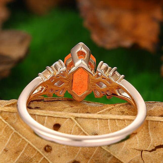 14K Rose Gold Half Eternity Cluster Natural Orange Sunstone Bridal Anniversary Ring