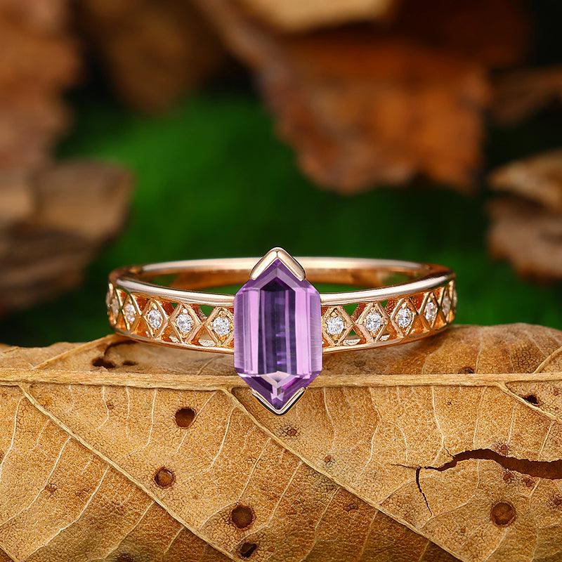 14k Rose Gold Half Eternity Long Hexagon Cut Natural Amethyst Engagement Ring - Esdomera