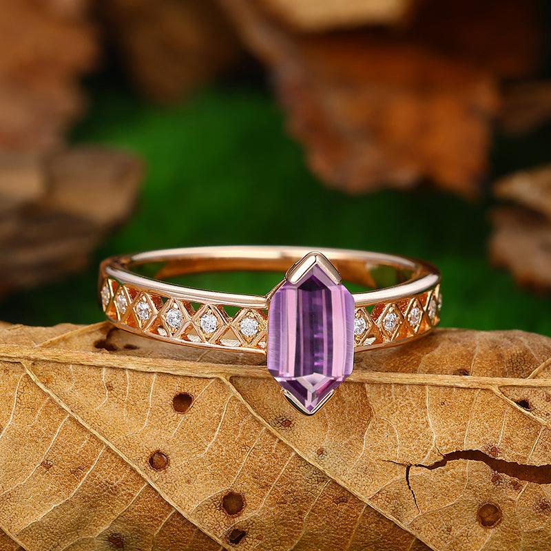 14k Rose Gold Half Eternity Long Hexagon Cut Natural Amethyst Engagement Ring - Esdomera