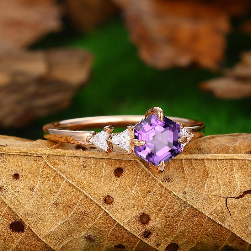14k Rose Gold Hexagon Cut Natural Purple Amethyst Ring 3 Moissanite Diamond - Esdomera
