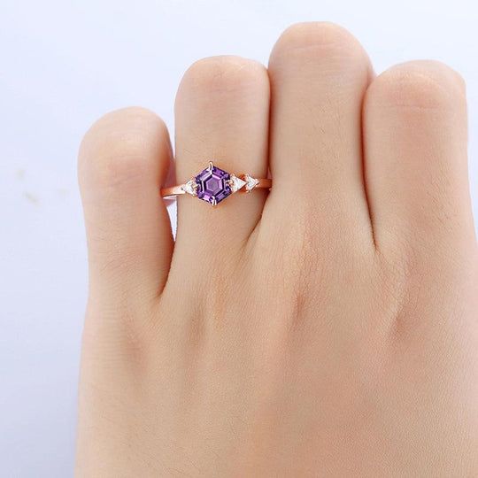 14k Rose Gold Hexagon Cut Natural Purple Amethyst Ring 3 Moissanite Diamond - Esdomera