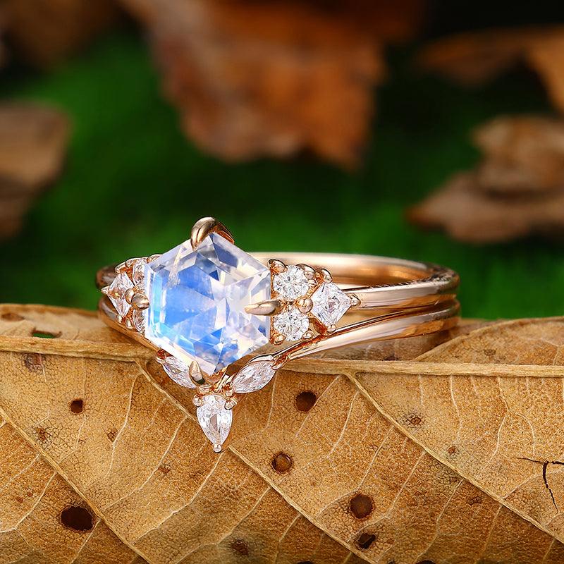 14k Rose Gold Hexagon Shaped Cluster Moonstone Ring Set 3 Marquise Stone Curved Band - Esdomera
