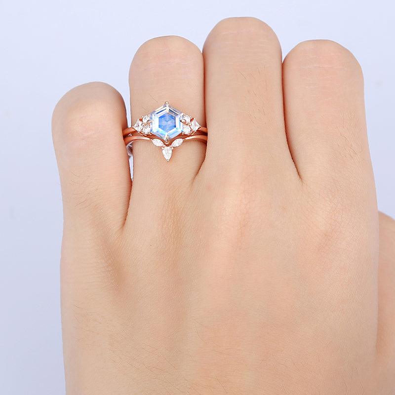 Hexagon Moonstone Ring, hexagon gemstone ring, hexagon engagement ring, hotsell blue moonstone ring, hexagon ring, double band ring, rings, raw