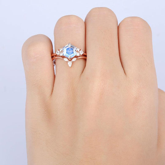 14k Rose Gold Hexagon Shaped Cluster Moonstone Ring Set 3 Marquise Stone Curved Band - Esdomera