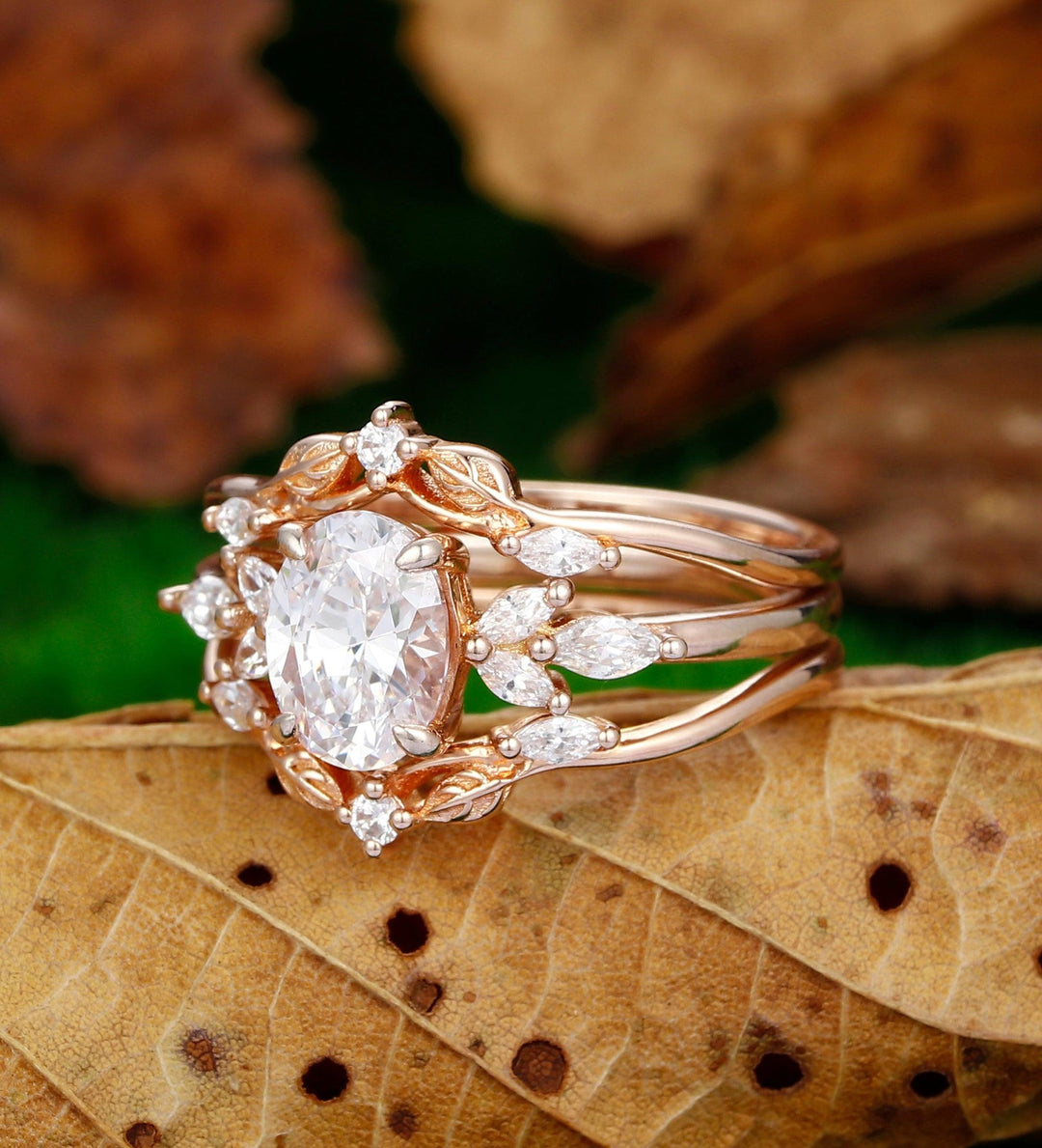14k Rose Gold Leaf Branch Bridal Set Moissanite Antique Stacking Matching Ring Set - Esdomera