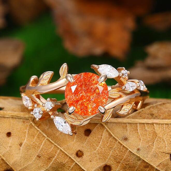 14k Rose Gold Natural Sunstone  round cut nature inspired Leaf Vine Bypass ring