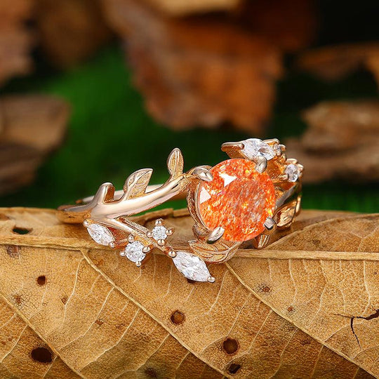 14k Rose Gold Natural Sunstone round cut nature inspired Leaf Vine Bypass ring - Esdomera