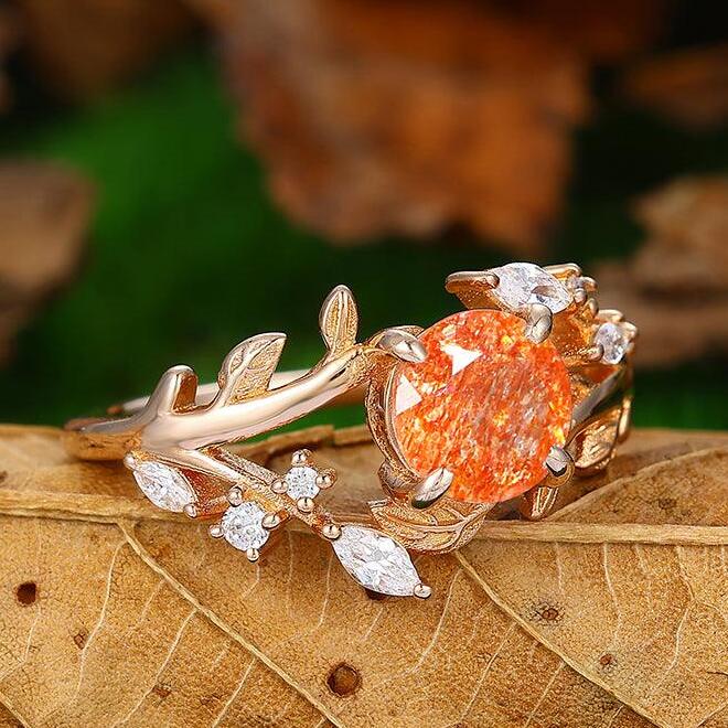 14k Rose Gold Natural Sunstone  round cut nature inspired Leaf Vine Bypass ring