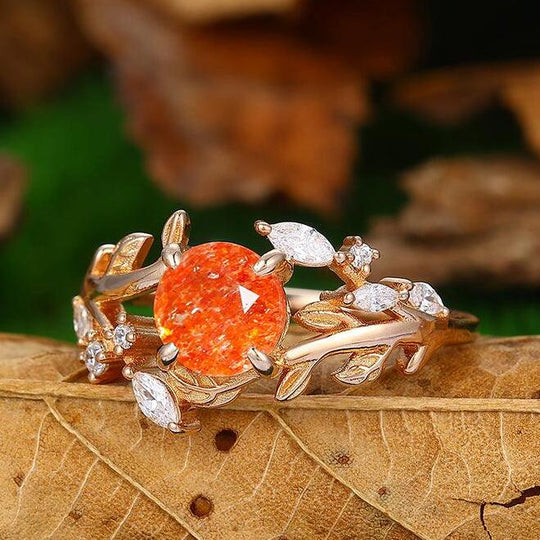 14k Rose Gold Natural Sunstone  round cut nature inspired Leaf Vine Bypass ring