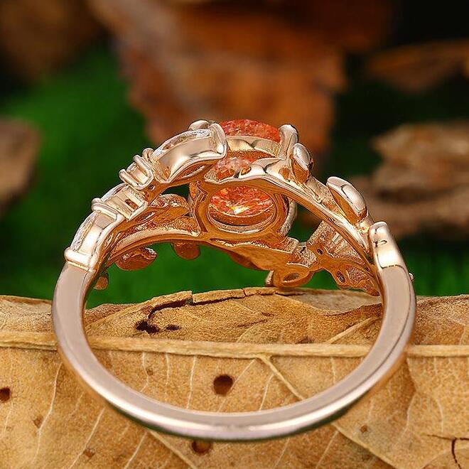 14k Rose Gold Natural Sunstone  round cut nature inspired Leaf Vine Bypass ring