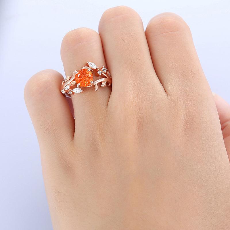 14k Rose Gold Natural Sunstone round cut nature inspired Leaf Vine Bypass ring - Esdomera