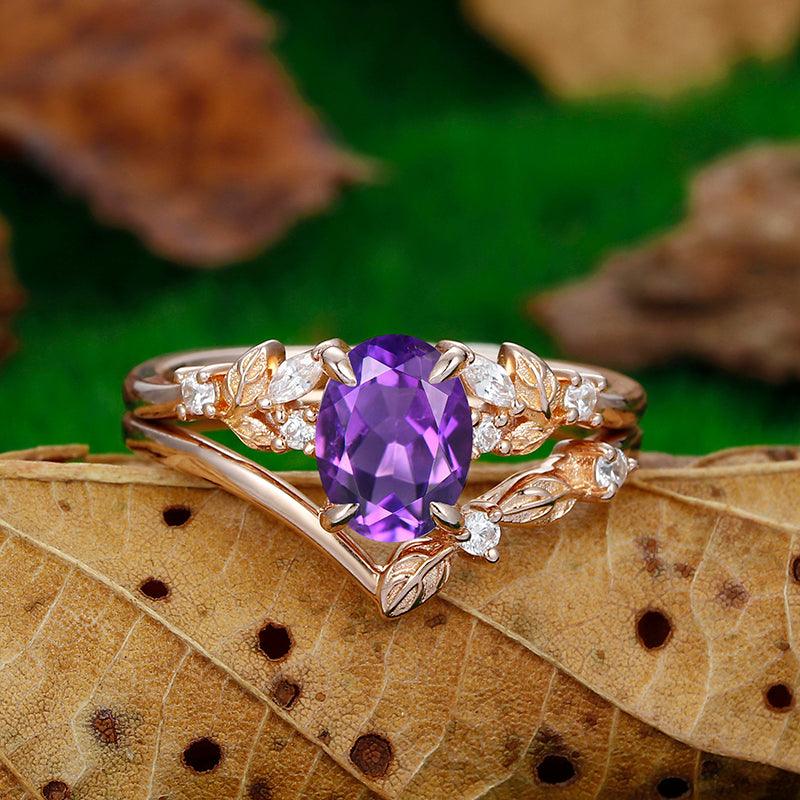 14k Rose Gold Oval Cut Cluster leaf Stackable Natural Amethyst Engagement Ring Set - Esdomera