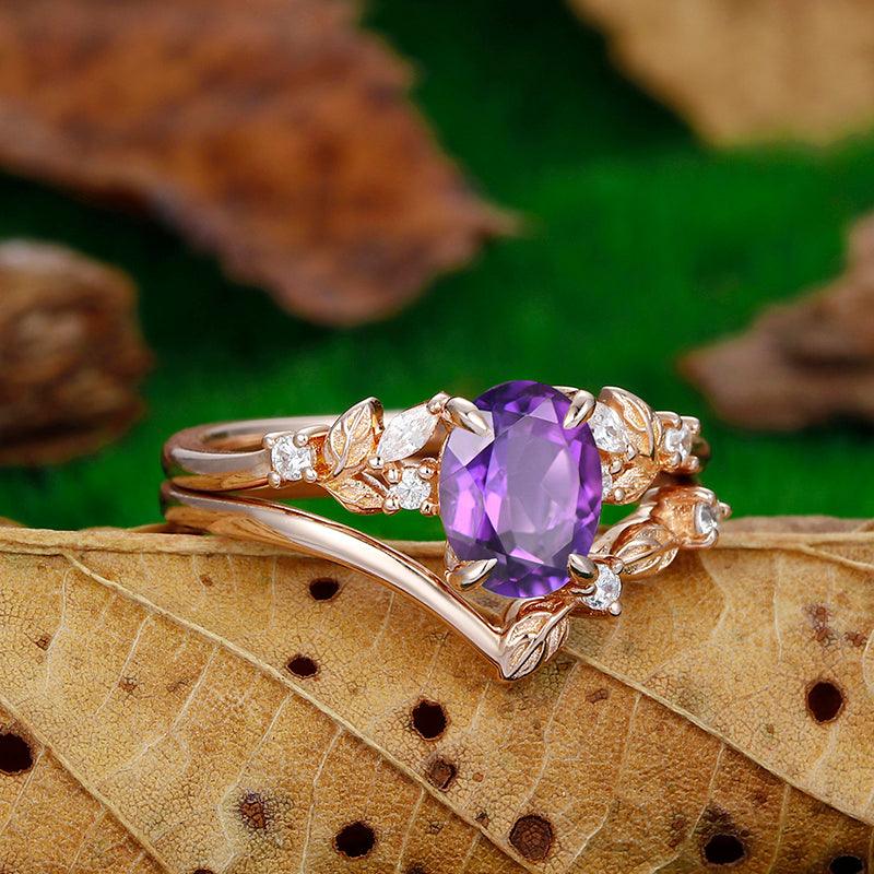 14k Rose Gold Oval Cut Cluster leaf Stackable Natural Amethyst Engagement Ring Set - Esdomera