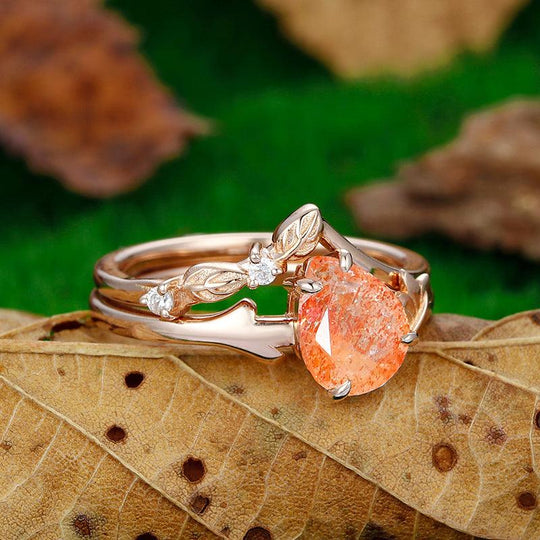 14k Rose Gold Pear Shaped Minimalist twig and leaf Nature Orange Sunstone Ring Set - Esdomera