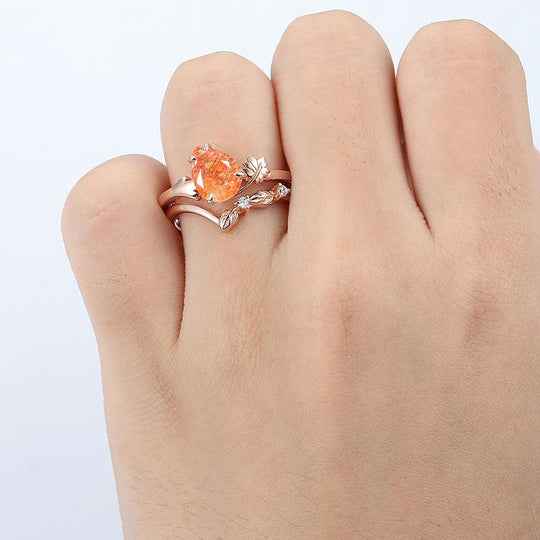 14k Rose Gold Pear Shaped Minimalist twig and leaf Nature Orange Sunstone Ring Set - Esdomera