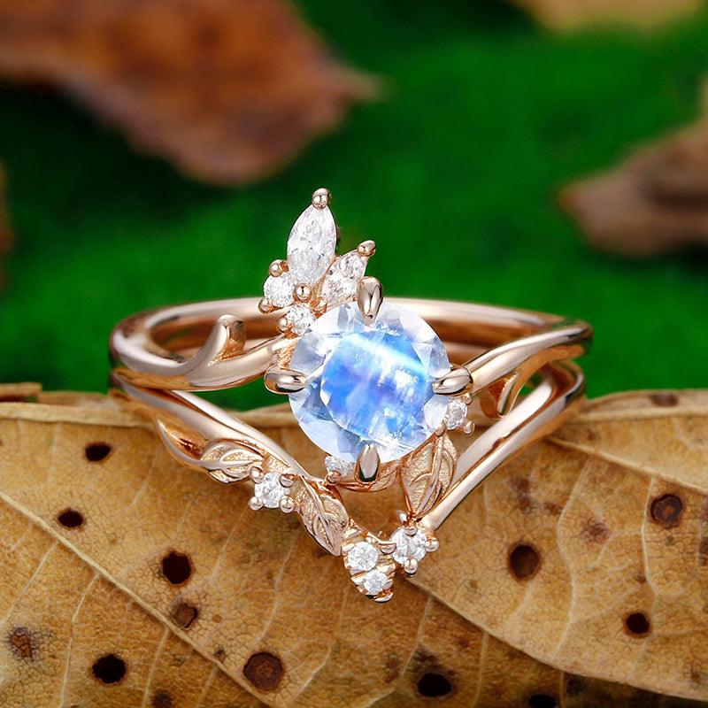 14k Rose Gold Round Cut Nature Inspired Leaf Twig and Vines Moonstone Ring Set - Esdomera