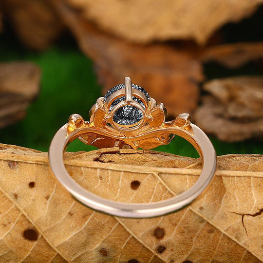 14k Rose Gold Round Shaped Natural Black Rutilated Quartz Diamond Art Deco Leaf Design Ring - Esdomera