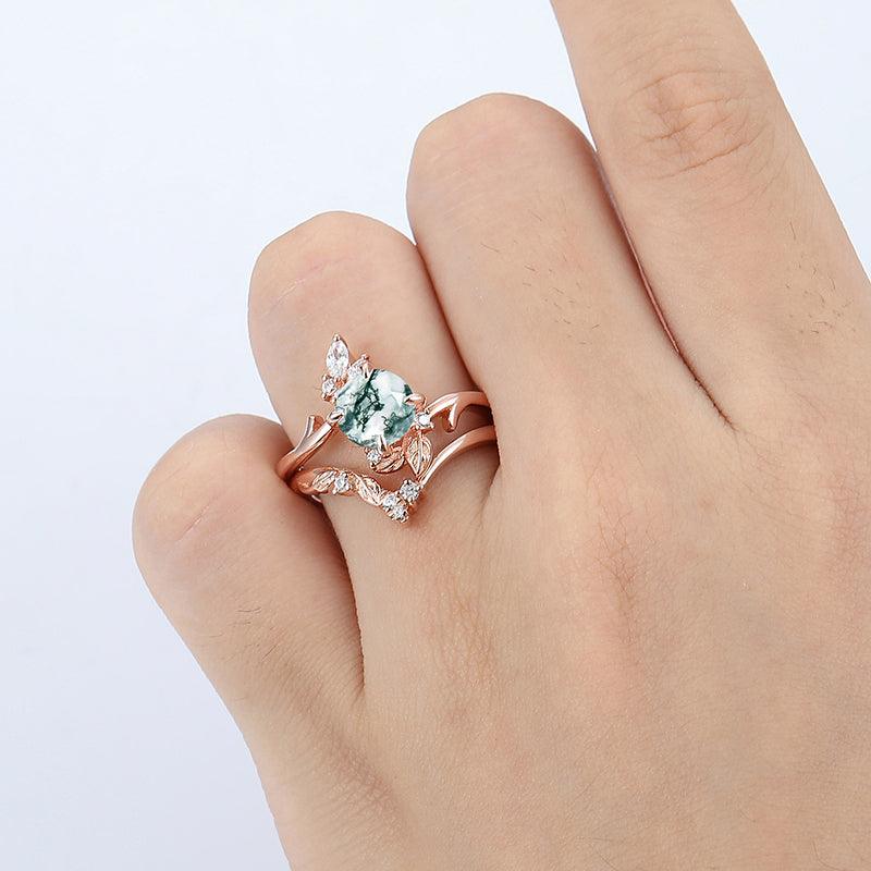 14k Rose Gold Round Shaped Natural Moss Agate Engagement Ring Set Are Deco Shaped Band - Esdomera