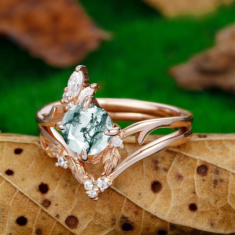14k Rose Gold Round Shaped Natural Moss Agate Engagement Ring Set Are Deco Shaped Band - Esdomera