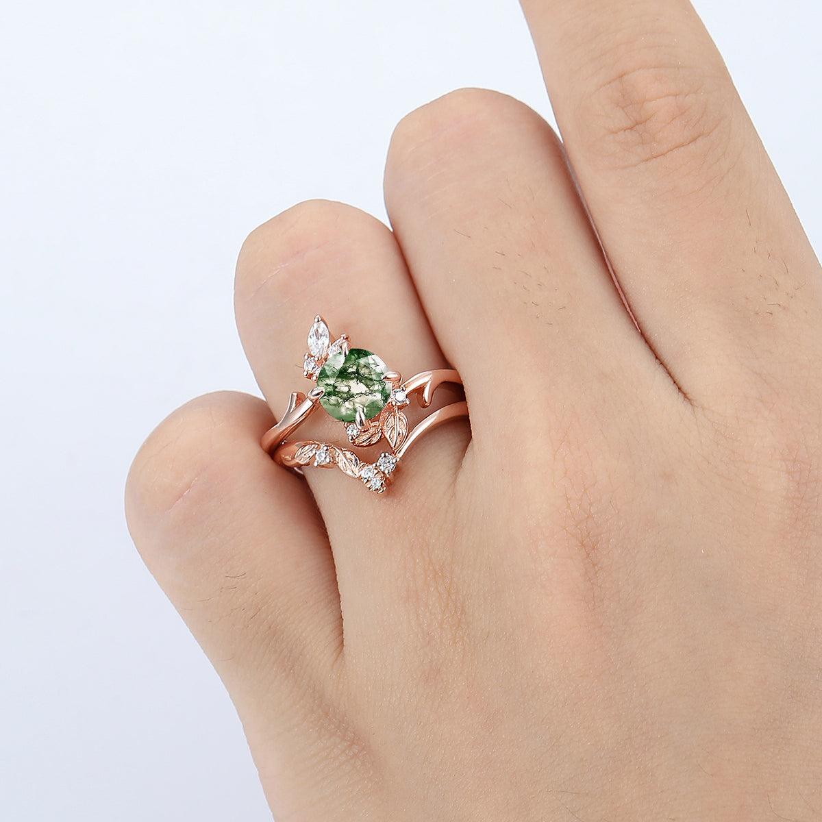 Round Shaped Moss Agate Promise Ring Women 14K Rose Gold Diamond Wedding sold Ring Loop Ring Twig Ring Prongs Set Natural Green Agate Custom Ring