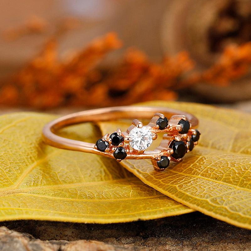 14k rose gold Stackable round cut Mossanite Diamond Black Onyx Engagement ring - Esdomera