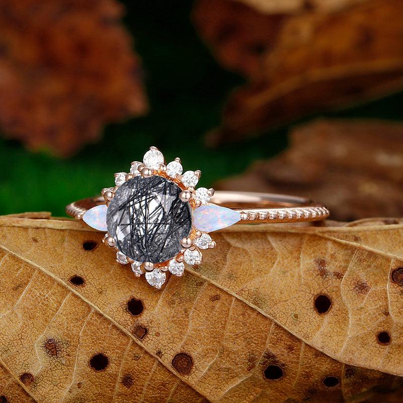 14k Round Shaped floral halo Milgrain Design Natural Black Rutilated Quartz Marquise Moonstone diamond Ring - Esdomera