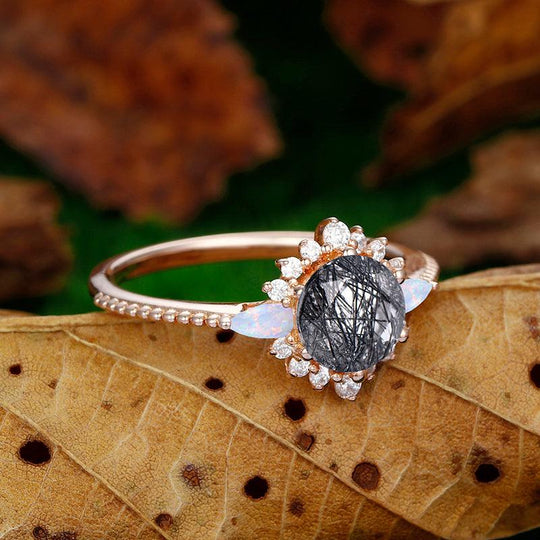 14k Round Shaped floral halo Milgrain Design Natural Black Rutilated Quartz Marquise Moonstone diamond Ring - Esdomera