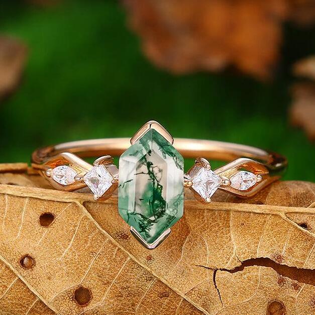 14k Unique Half Eternity Natural Moss Agate Diamond Rose Gold Engagement Ring