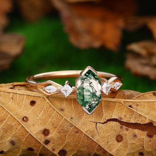 14k Unique Half Eternity Natural Moss Agate Diamond Rose Gold Engagement Ring - Esdomera