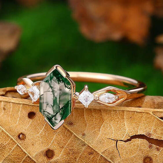 14k Unique Half Eternity Natural Moss Agate Diamond Rose Gold Engagement Ring