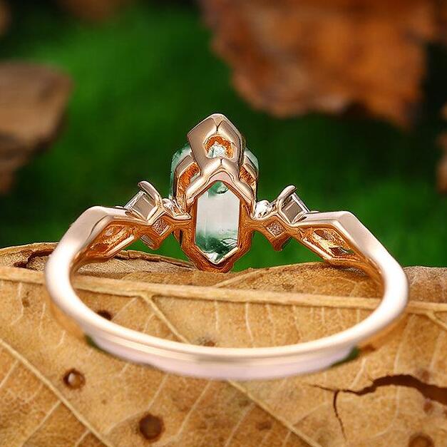 14k Unique Half Eternity Natural Moss Agate Diamond Rose Gold Engagement Ring