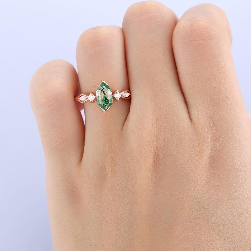 14k Unique Half Eternity Natural Moss Agate Diamond Rose Gold Engagement Ring - Esdomera