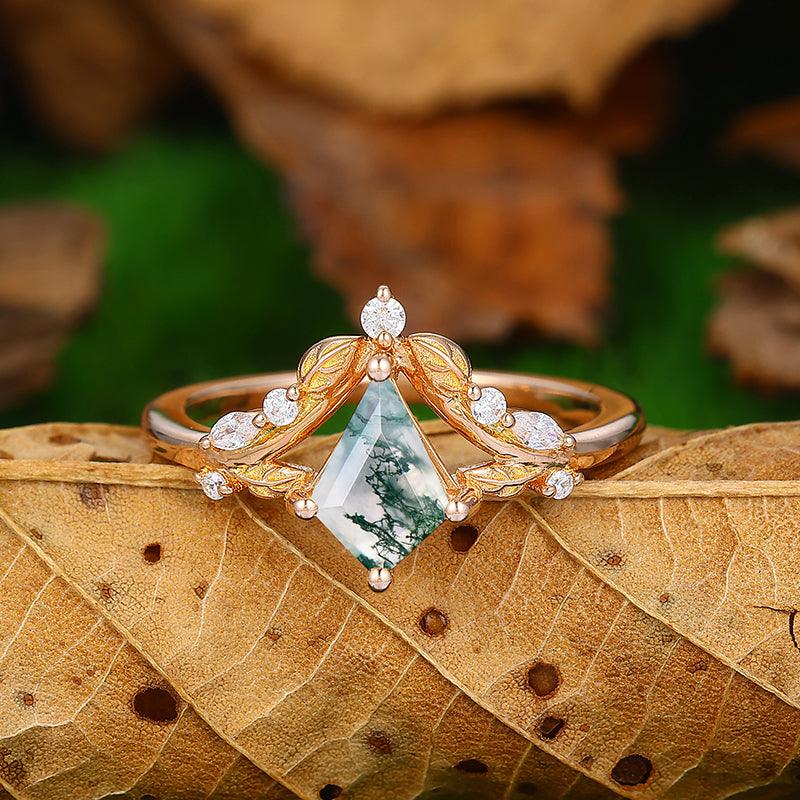 14k Unique Rose Gold Art Deco Kite Cut Natural Moss Agate Bridal Ring - Esdomera