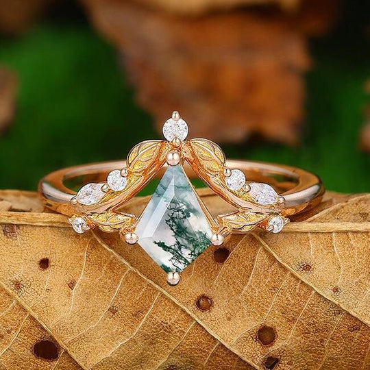 14k Unique Rose Gold Art Deco Kite Cut Natural Moss Agate Bridal Ring