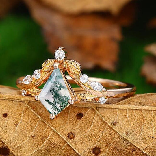 14k Unique Rose Gold Art Deco Kite Cut Natural Moss Agate Bridal Ring