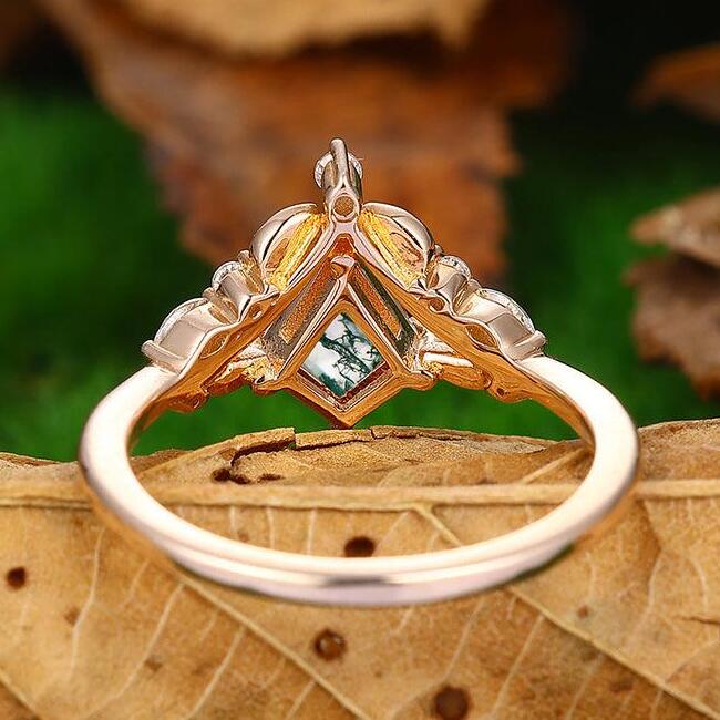 14k Unique Rose Gold Art Deco Kite Cut Natural Moss Agate Bridal Ring